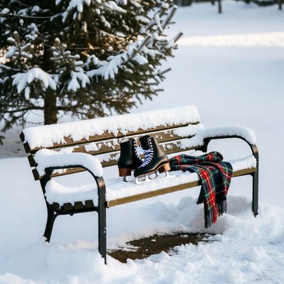 Ice skates on snowy park bench