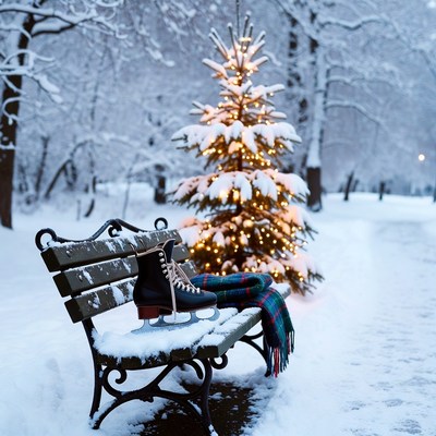 Ice skates on snowy park bench