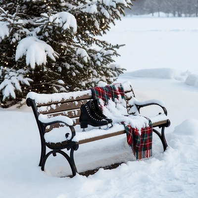 Snowy Bench with Skates and Plaid Blanket