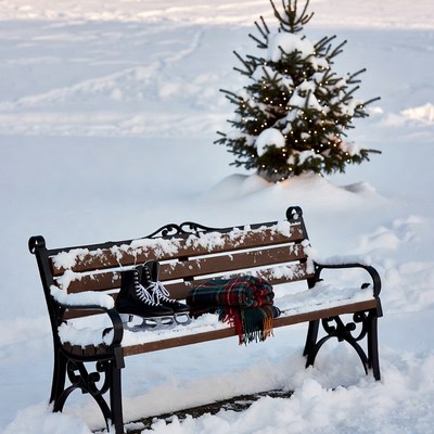 Snowy bench with skates and Christmas tree