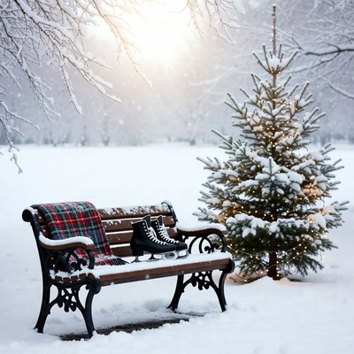 Ice Skates on Snowy Bench with Christmas Tree