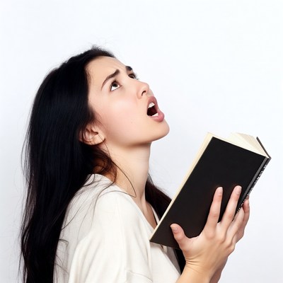 Asian woman shouting holding book