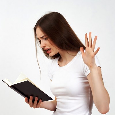 Young woman shocked reading book