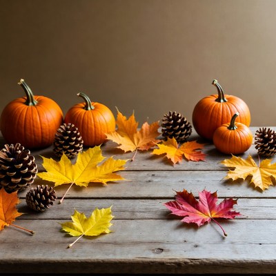 Pumpkins and Autumn Leaves on Wooden Table
