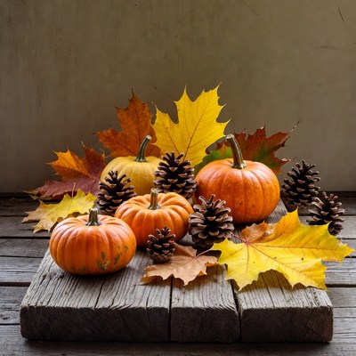 Pumpkins and Autumn Leaves on Wood