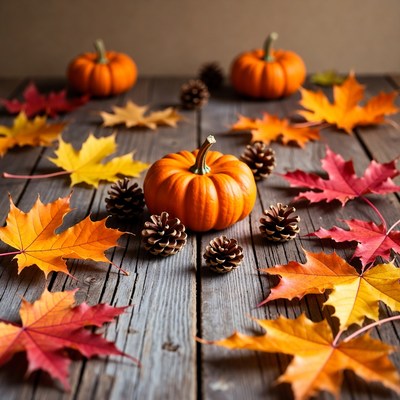 Pumpkins and Autumn Leaves on Wood