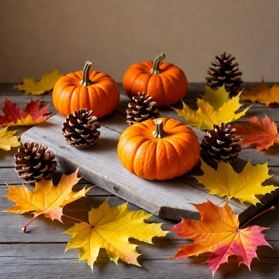 Pumpkins and Pinecones on Autumn Leaves