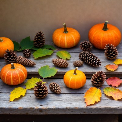 Autumn Pumpkins and Pinecones on Wood