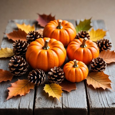 Pumpkins with Pinecones and Autumn Leaves