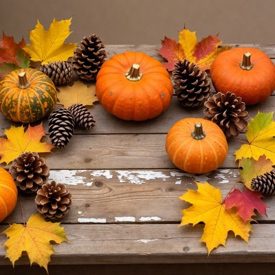 Autumn Pumpkins Pinecones Fall Leaves