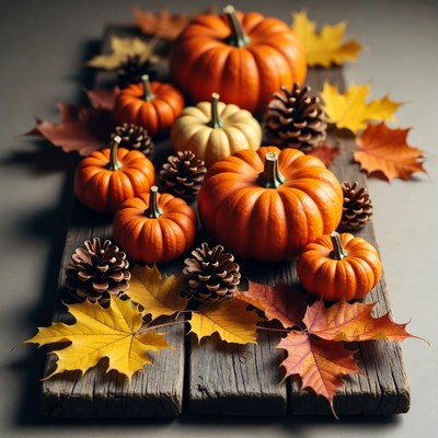 Autumn Pumpkins and Leaves on Wood