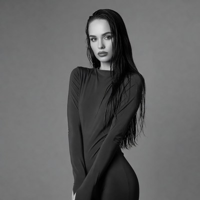 Wet-haired woman in black dress