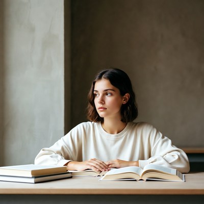Young woman reading books at desk
