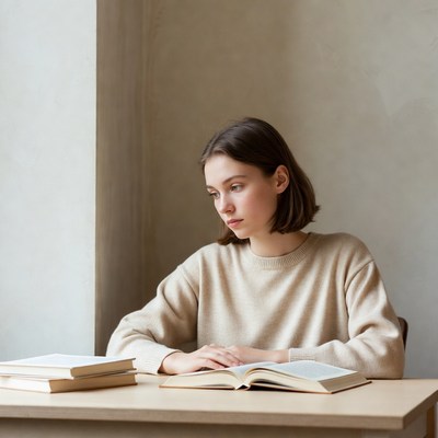 Young woman reading book at table