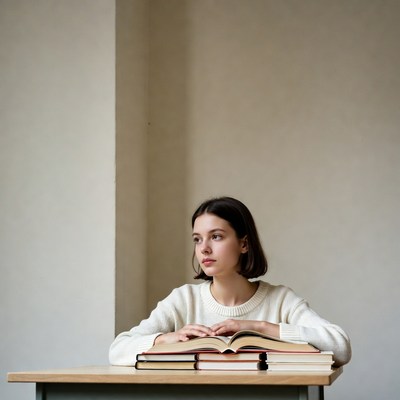 Young woman reading books at desk