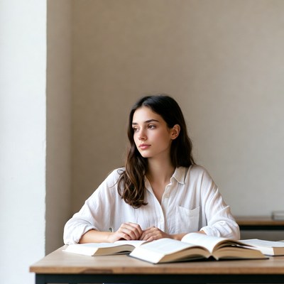 Woman studying with open books