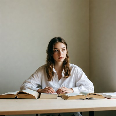 Young woman reading books at table