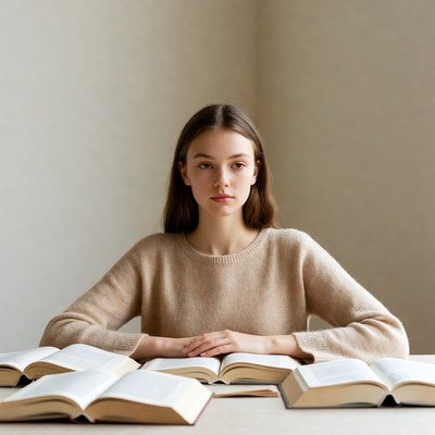 Young woman surrounded by open books