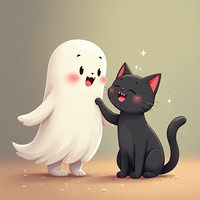 Cute ghost hugging black cat