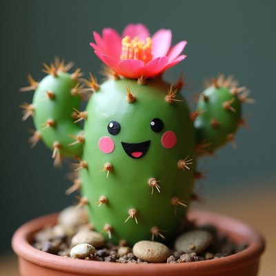 Cute cartoon cactus with pink flower
