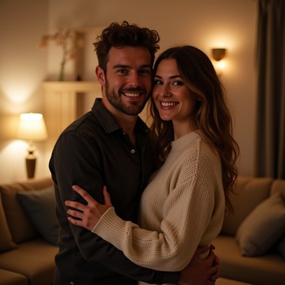 Smiling couple embracing in living room