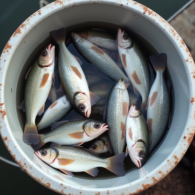 Fresh fish in metal bucket