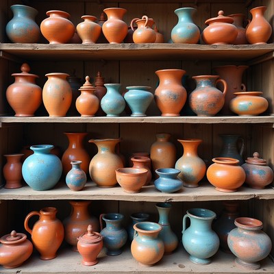 Assortment of Terracotta Vases on Wooden Shelves