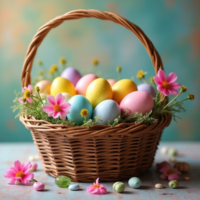 Wicker Basket with Colorful Easter Eggs