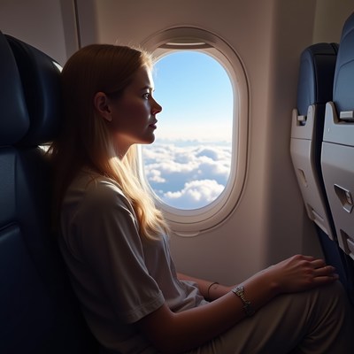 Blonde woman looking out airplane window