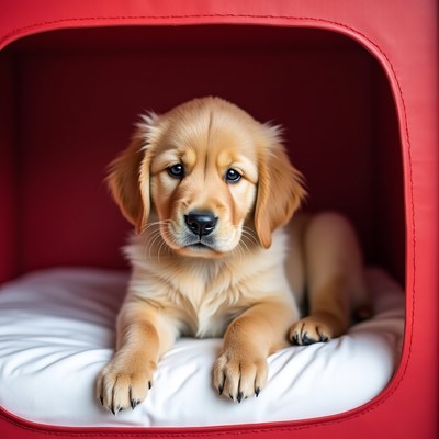 Golden Retriever Puppy in Red Crate