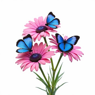Blue Butterflies on Pink Daisies