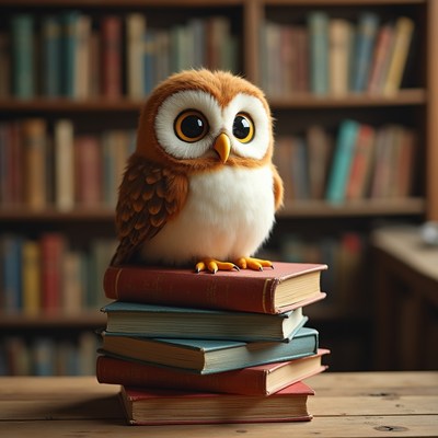 Cute Owl on Stack of Books