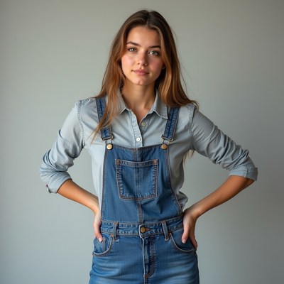 Woman in denim overalls with hands in straps