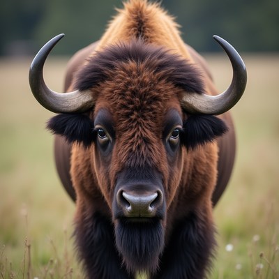 Close-up of bison with large horns