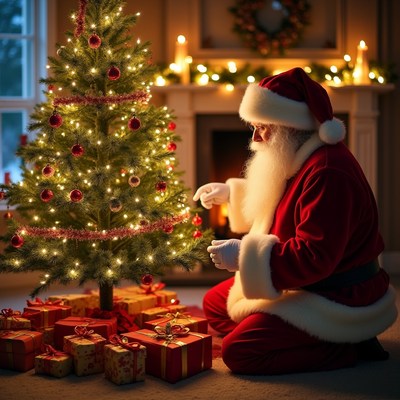 Santa Claus placing ornament on Christmas tree