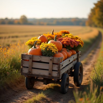 Wooden Cart Loaded with Pumpkins and Flowers