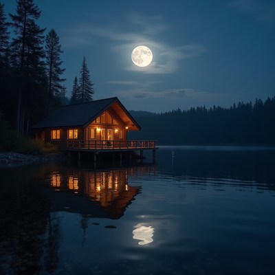 Cabin by lake under full moon