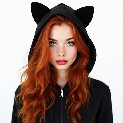 Redhead woman in black cat ear hoodie