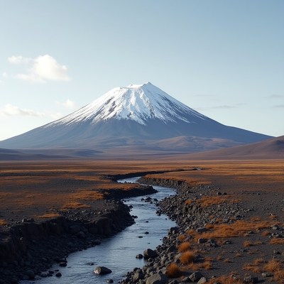 Mount Fuji with snowy peak and river
