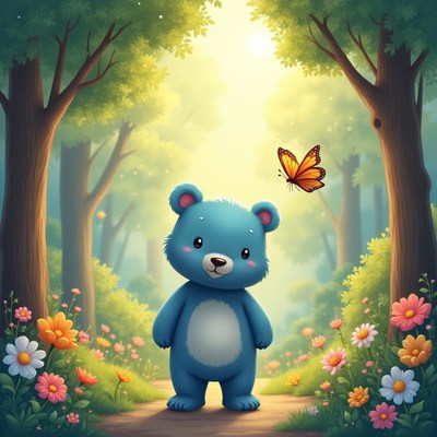 Blue teddy bear in forest