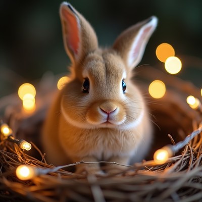 Cute bunny in nest with fairy lights