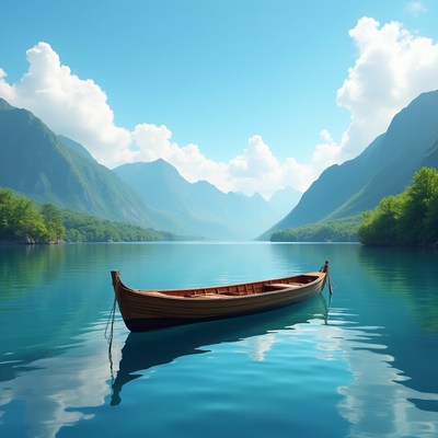 Wooden Rowboat on Mountain Lake