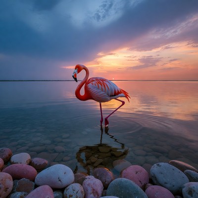 Flamingo standing in sunset water