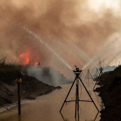 Sprinklers fighting wildfire near river