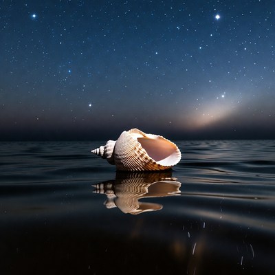 Seashell on ocean under starry sky