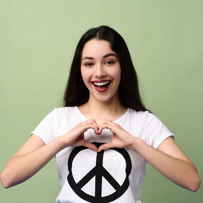 Woman making heart hands with peace shirt
