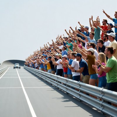 Crowd cheering race car on track