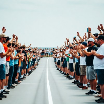 Crowd of men applauding on runway