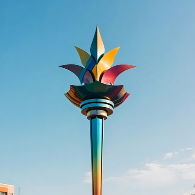 Colorful Torch Sculpture Against Blue Sky