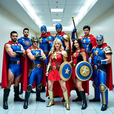Superhero team in costumes posing hallway